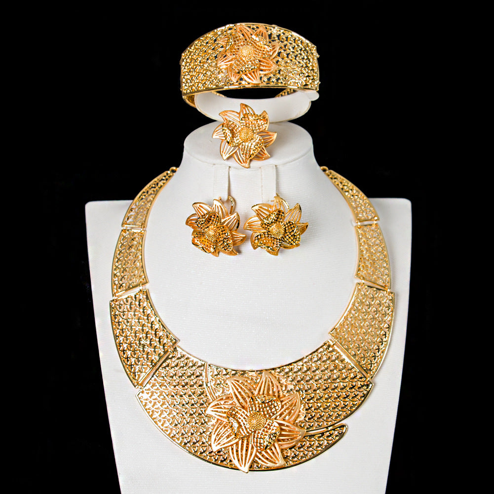 Alloy Jewelry Four-piece Necklace Bracelet Earrings Ring  Real Gold Plating