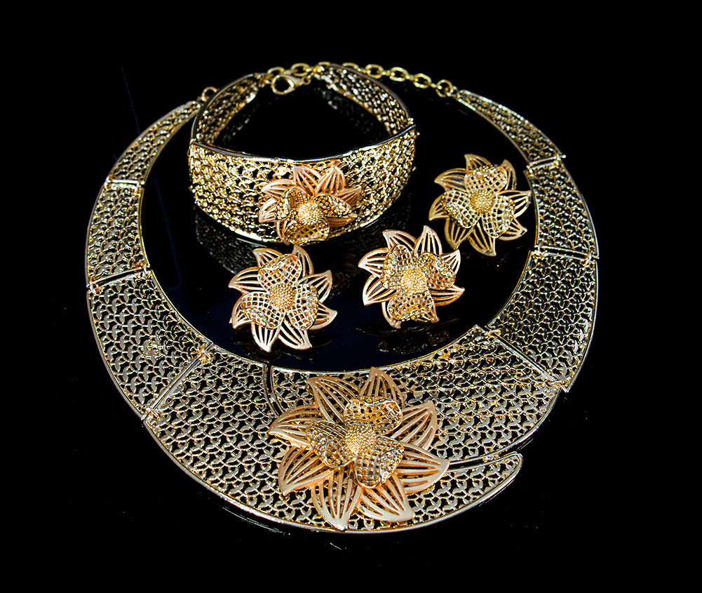 Alloy Jewelry Four-piece Necklace Bracelet Earrings Ring  Real Gold Plating