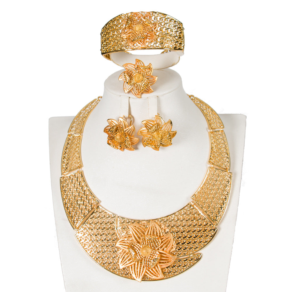 Alloy Jewelry Four-piece Necklace Bracelet Earrings Ring  Real Gold Plating