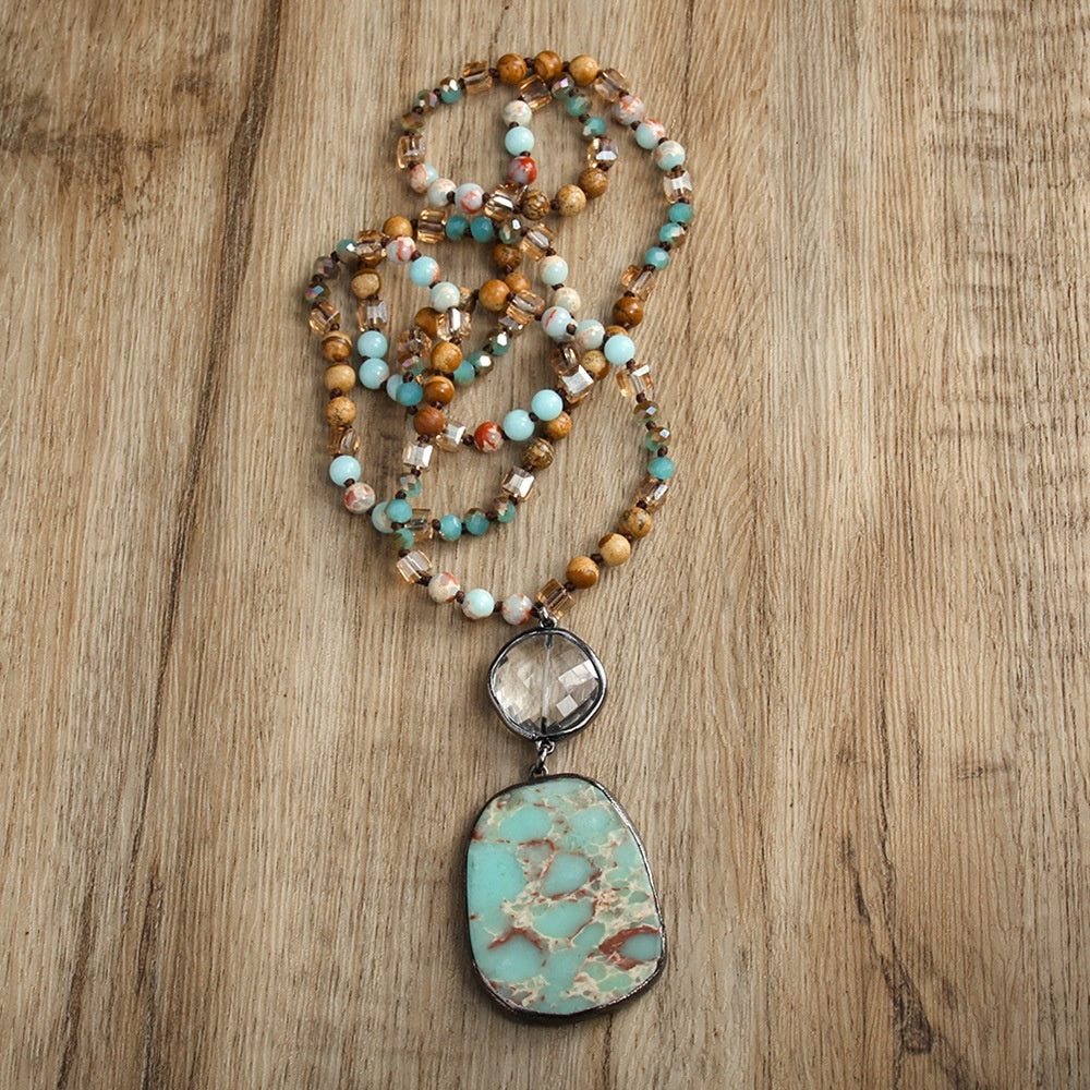 Fashion Bohemian Natural Stone Glass Knotted Necklace